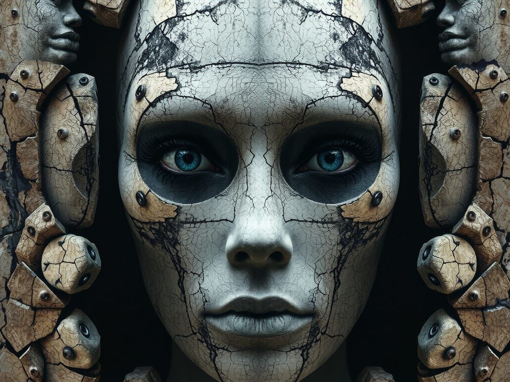 Ethereal Hypermaximalist Face in Ancient Stone and Glitchcor...