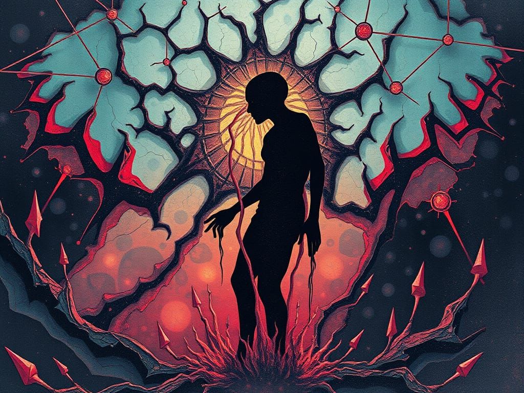 Cyberpunk Nightmare Landscape with Melting Figure