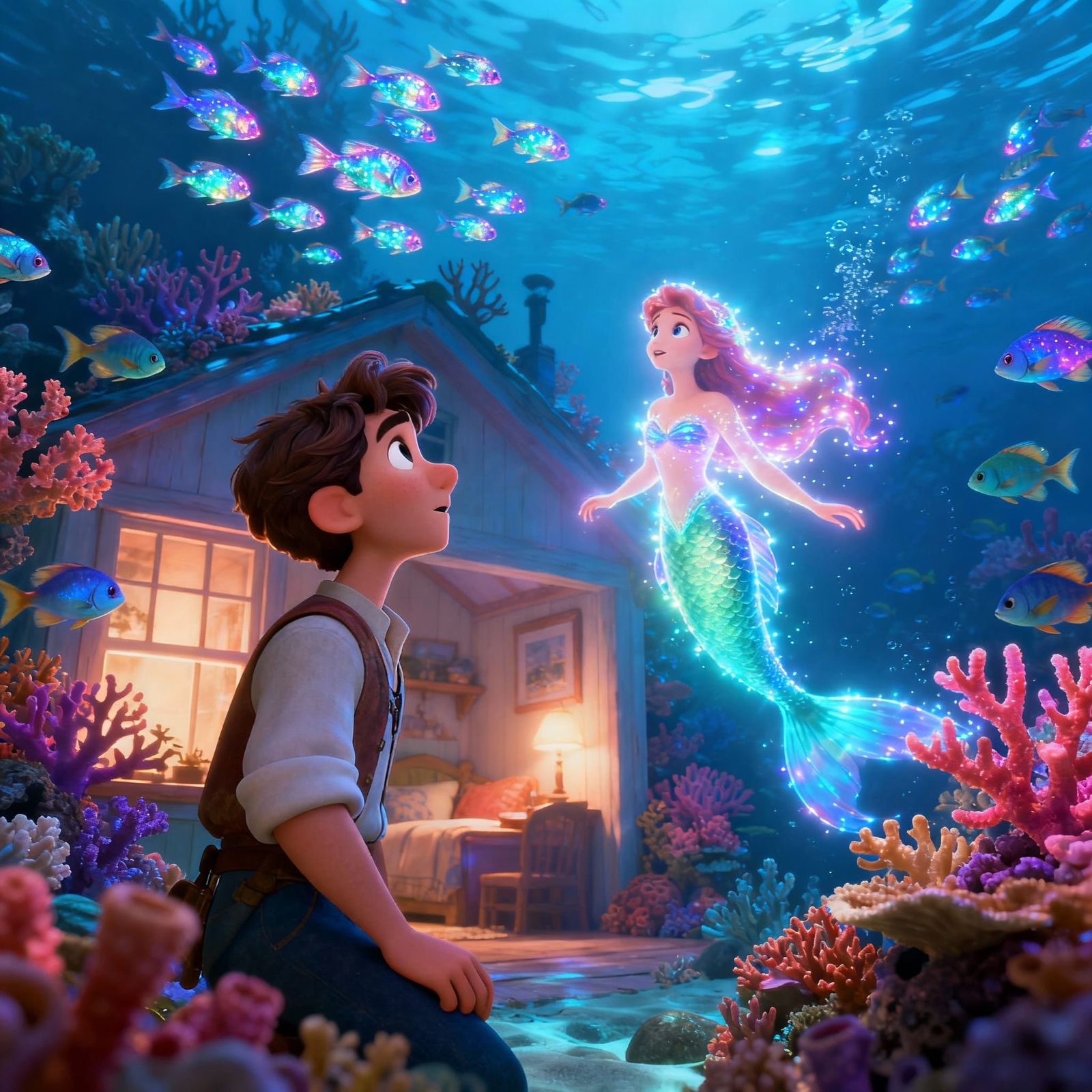 Underwater Encounter: Man Meets Mermaid in Cozy Pixar Style ...