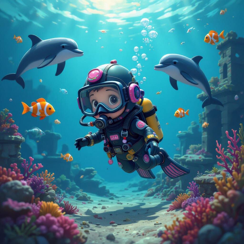 Chibi Scuba Diver in Sunken City, 3D Art