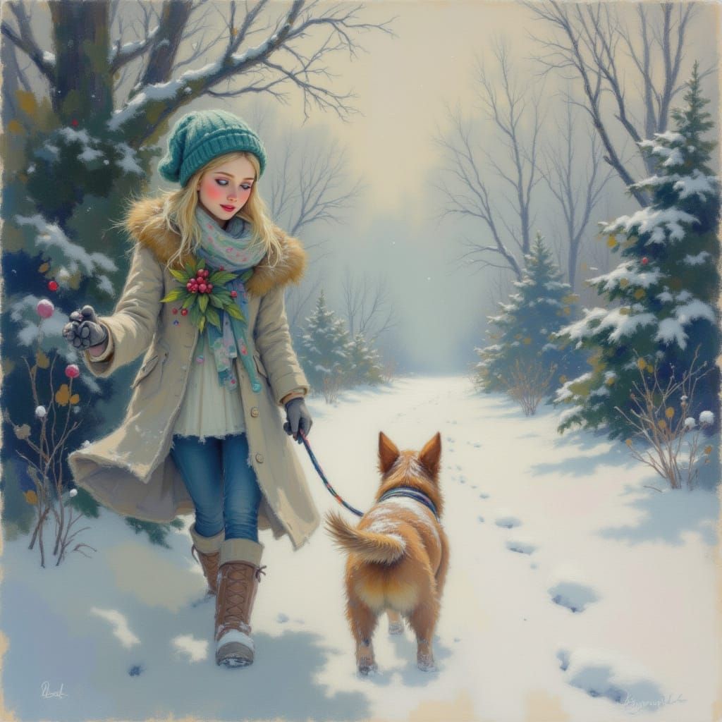 Smiling Blonde Woman Walks Dog on Snowy Garden Path