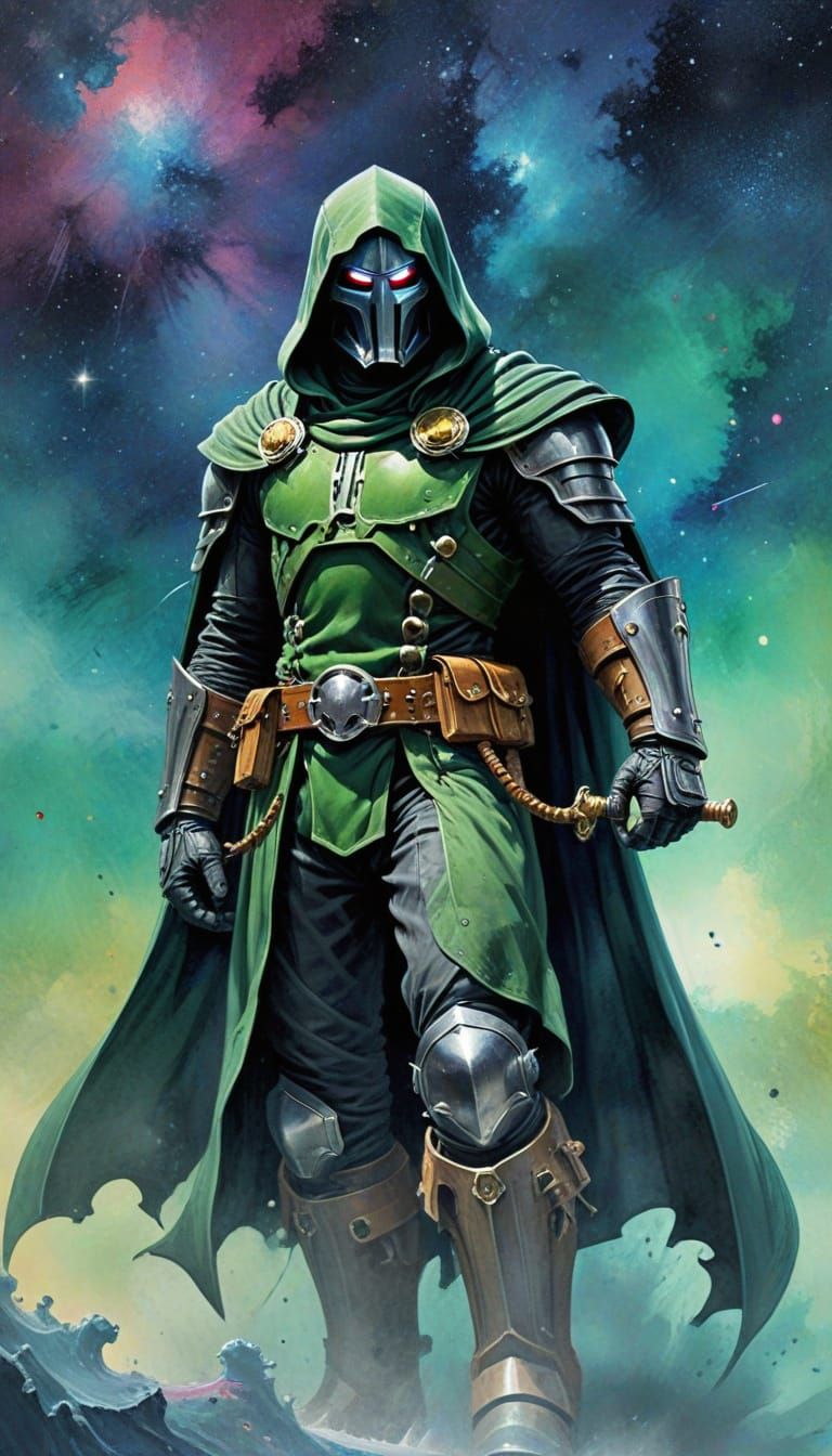 Doctor Doom as Space Pirate in Watercolor Style