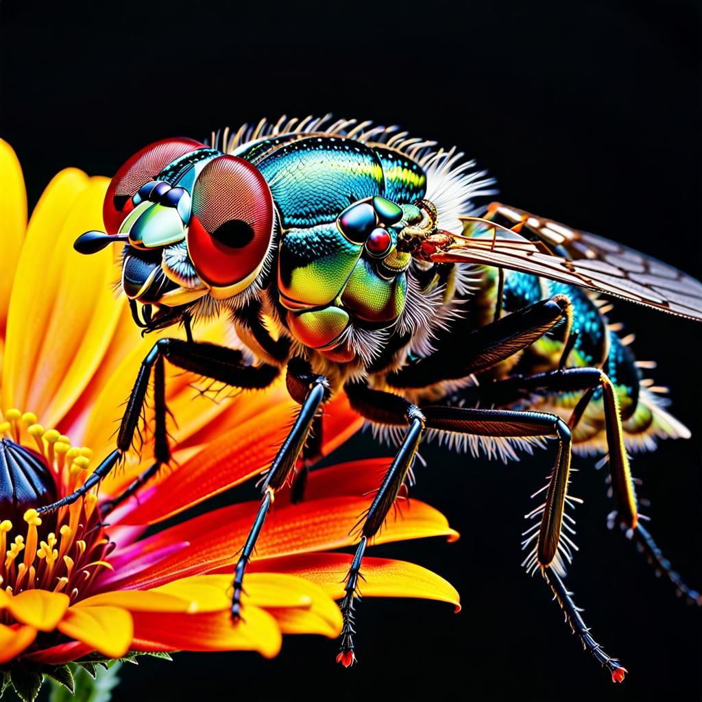 Metallic Fly on Flower, Macro Photography