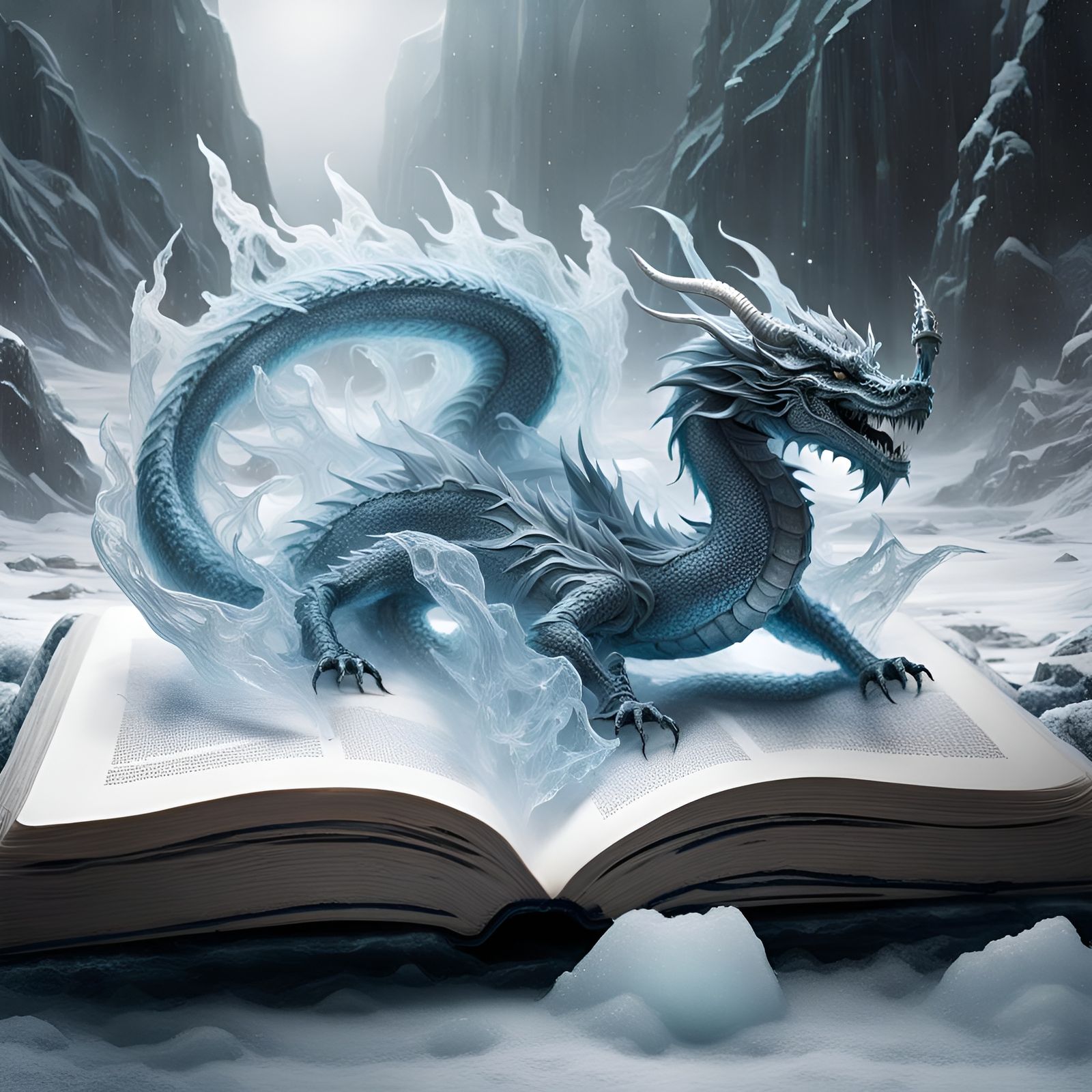 Icy Dragon on Book in Winter Landscape