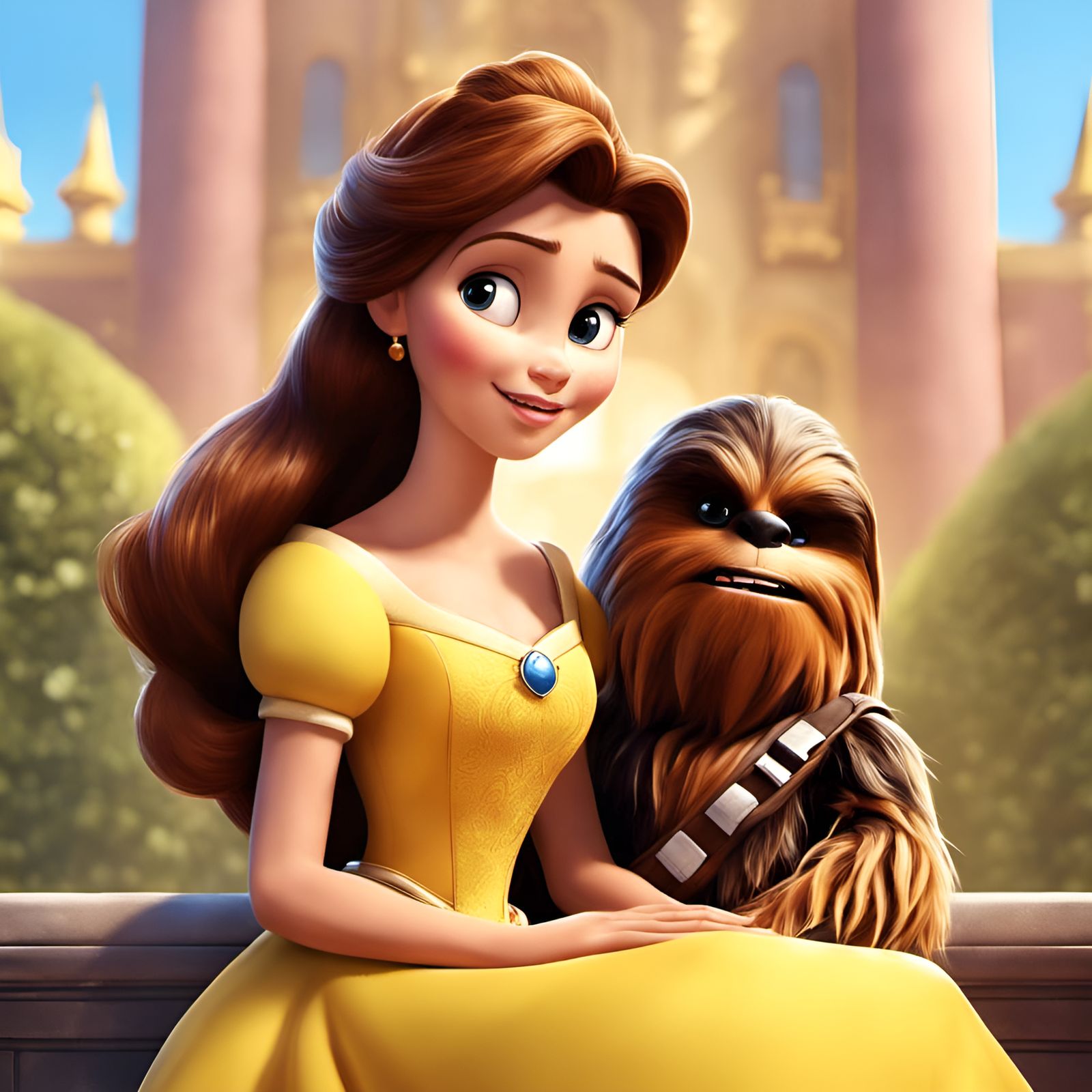 Belle and Chewbacca Portrait in Pixar Style