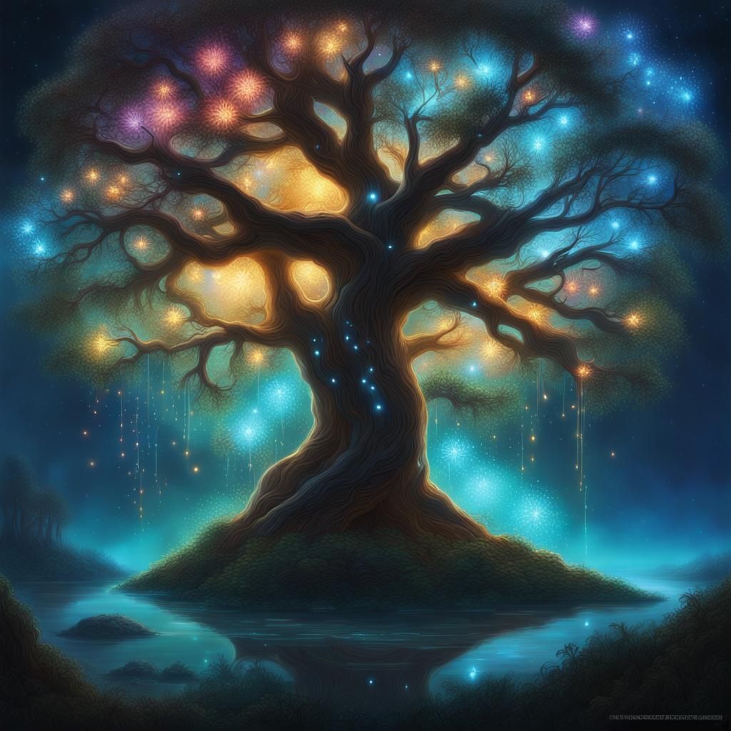 Bioluminescent Tree of Life in Fantasy Galaxy
