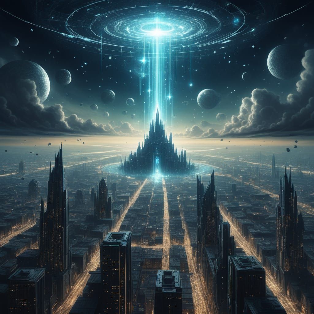 Cosmic Crystal Being Descends Above Nebula City