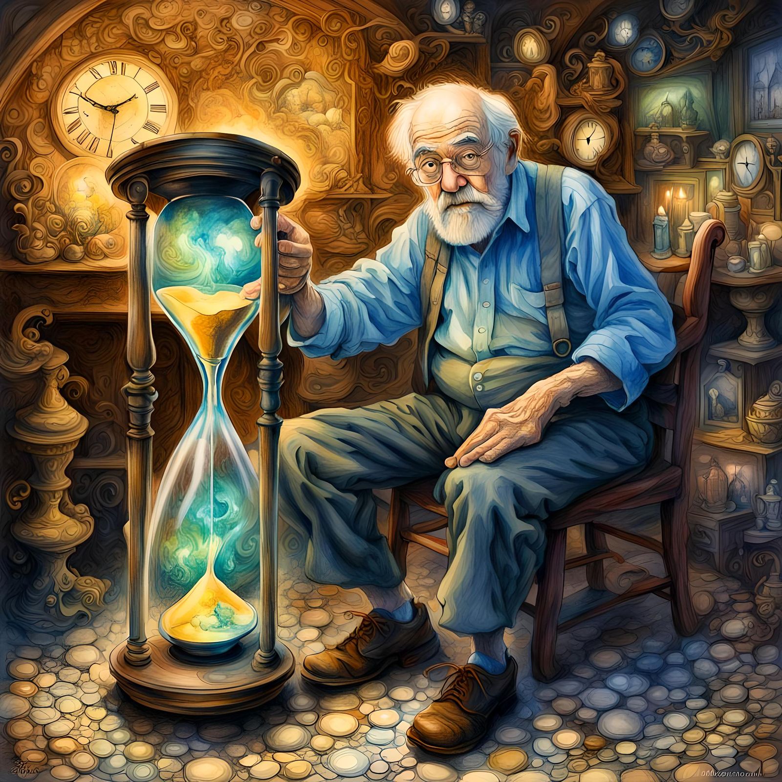 Father Time with Hourglass in Watercolor Style