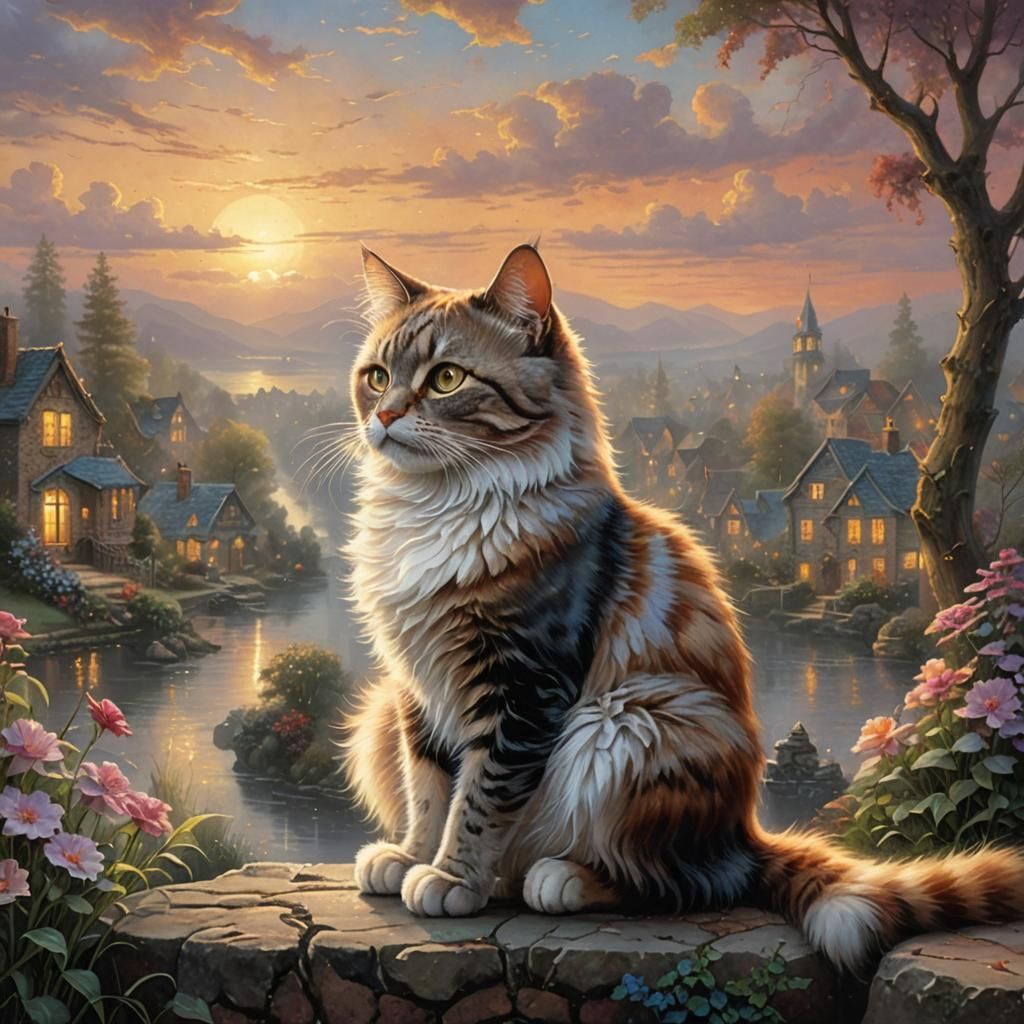 Cat Contemplates Sunset in Ethereal Fantasy Style