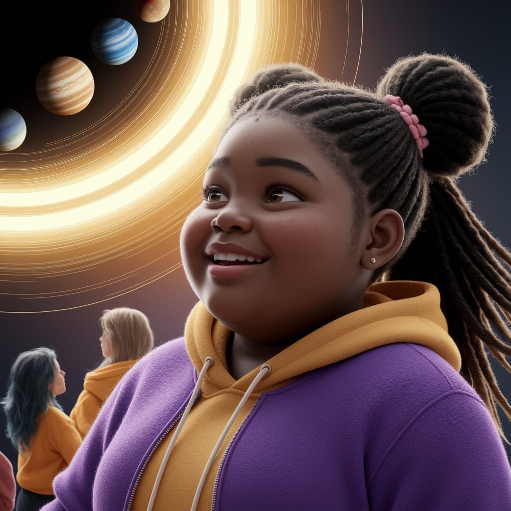 Vibrant Black Teen Seeks Cosmic Smile in Night Sky