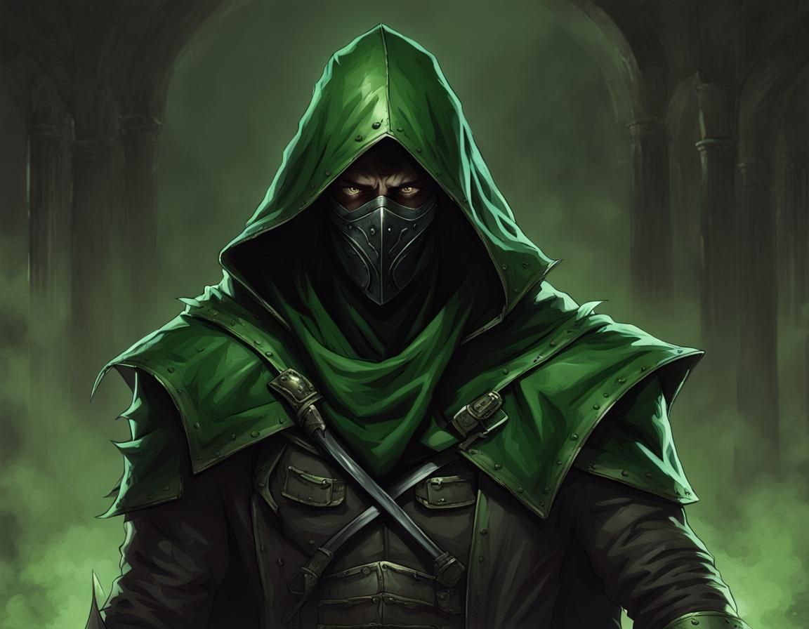 Menacing Green Assassin in Dark Fantasy Style