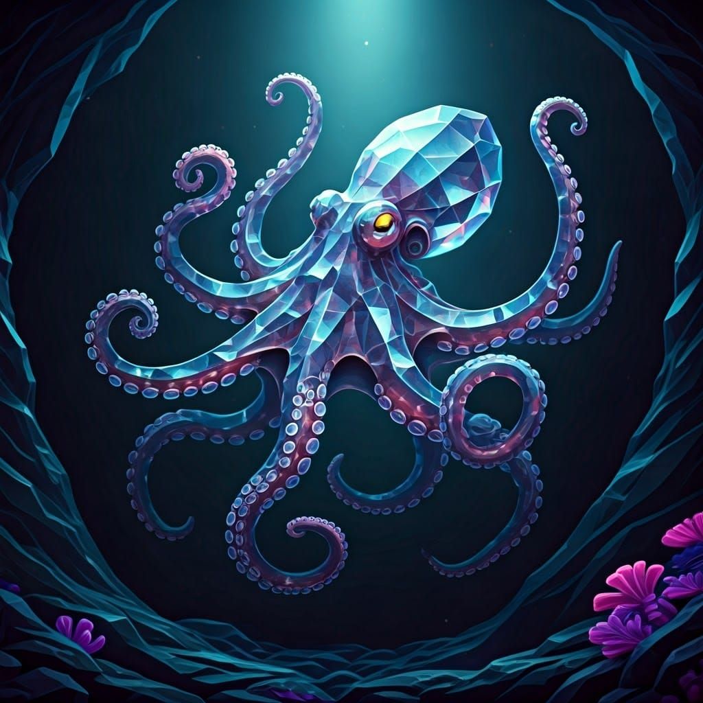 Crystal Octopus in Iridescent Abyss: Digital Matte Painting