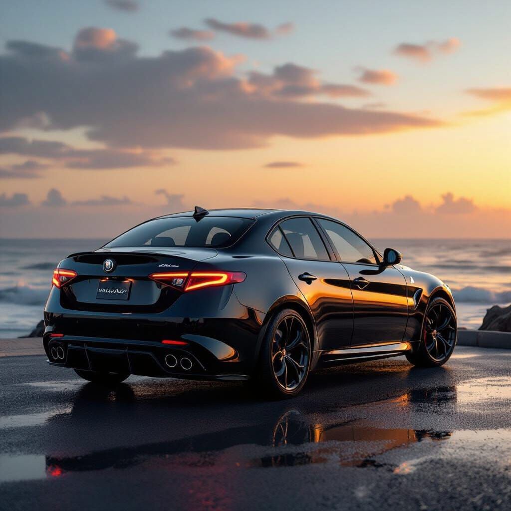 Black Alfa Romeo Giulia by the Sea at Sunset