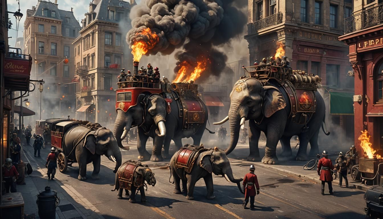Elephants as Firefighters in Steampunk City