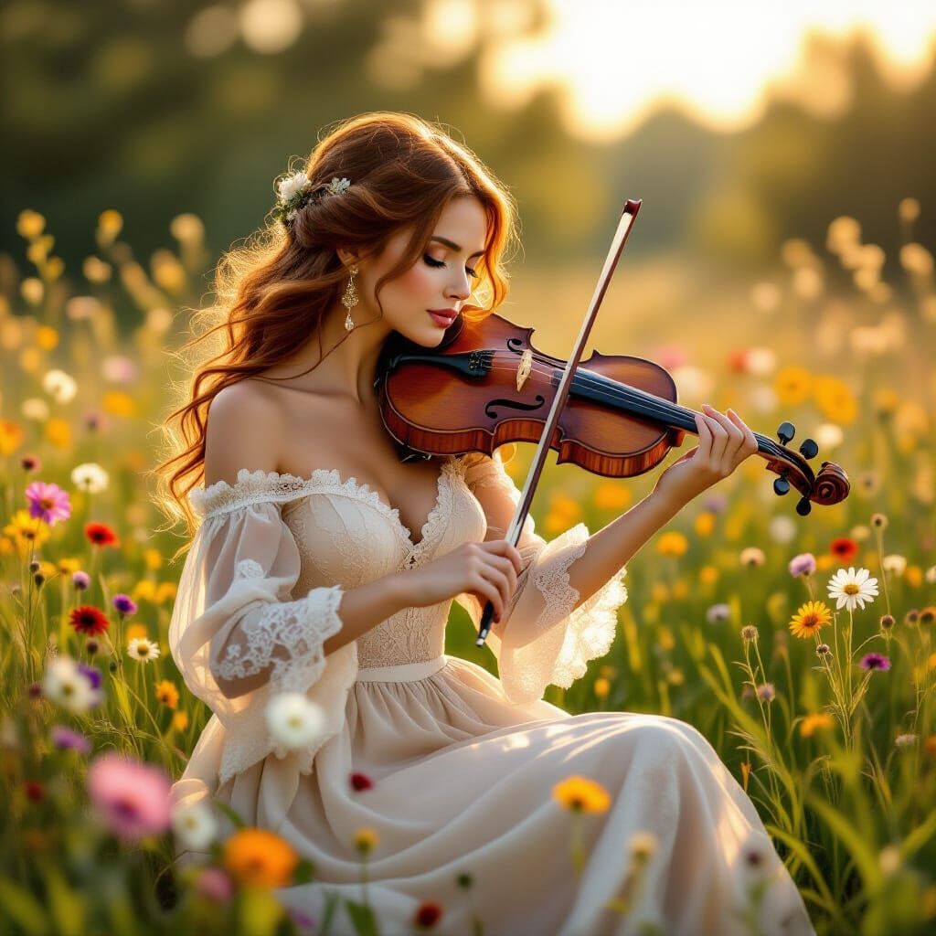 Woman Playing Violin in Meadow as Impressionist Oil Painting