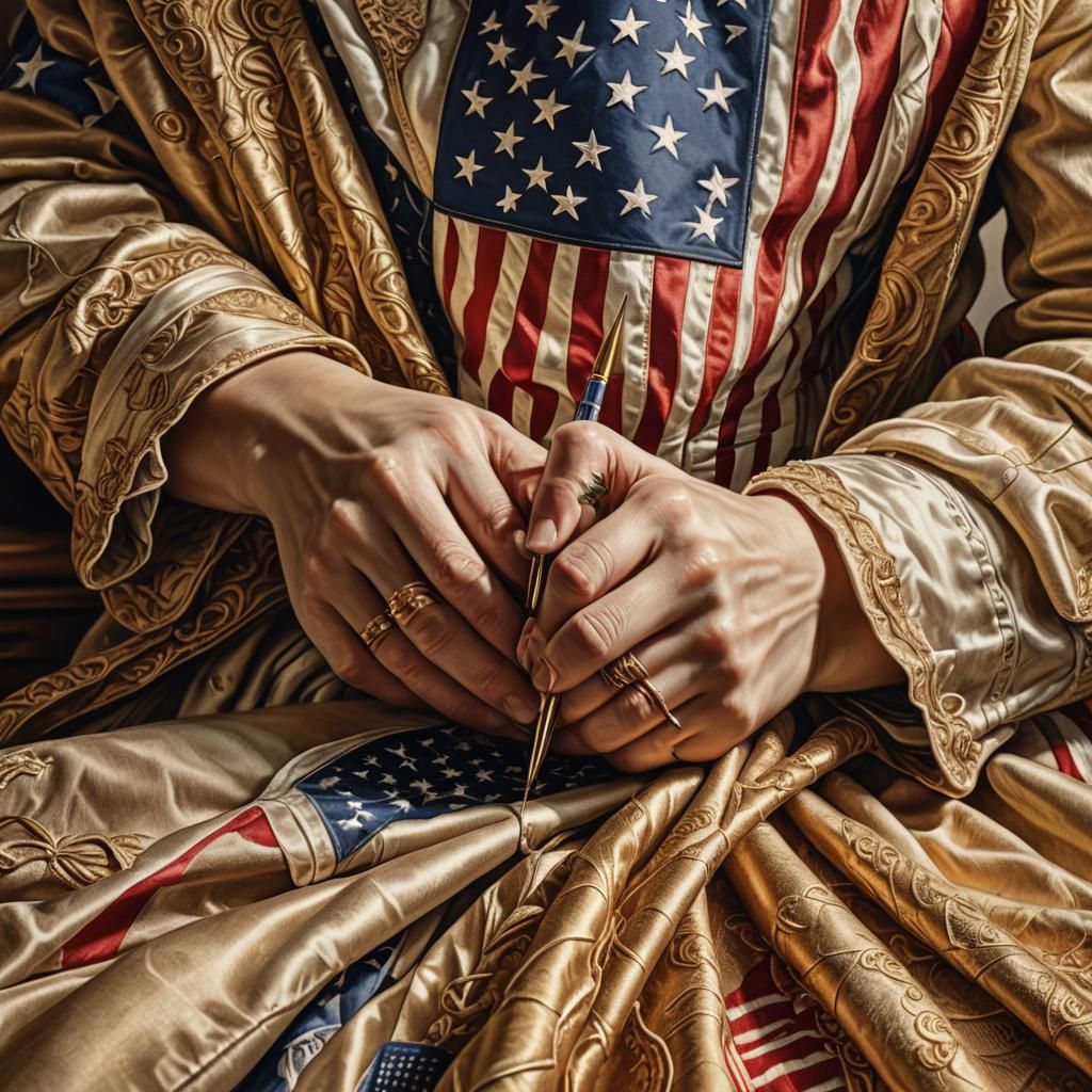 Colonial Seamstress Pen Sewing American Flag: Digital Art