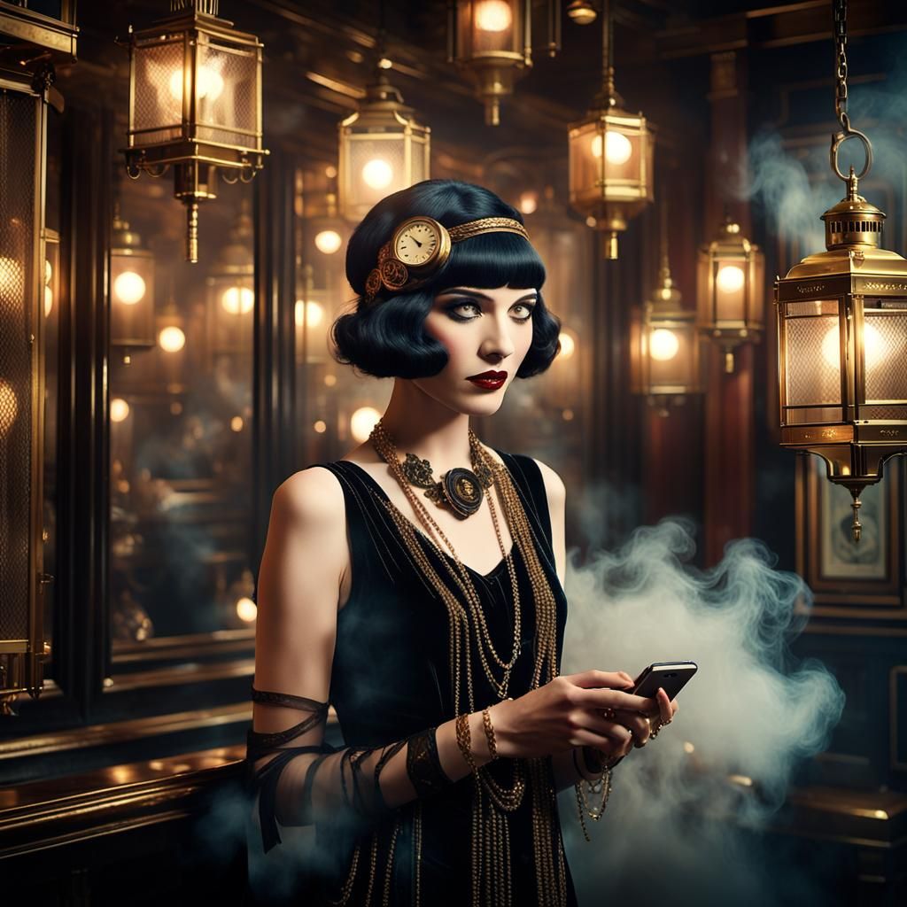Steampunk Flapper Girl with Vintage iPhone Advertisement