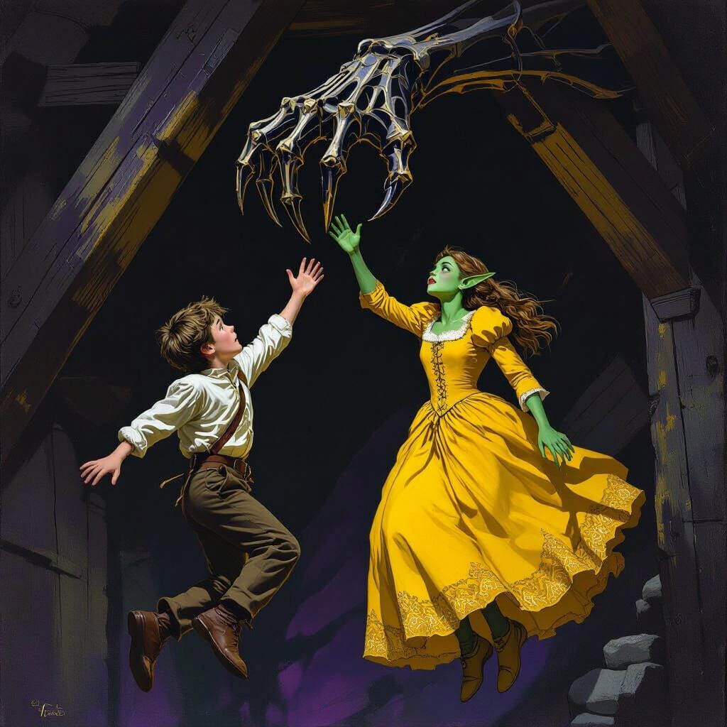 Terrified Girl Reaching for Falling Boy in Dark Fantasy