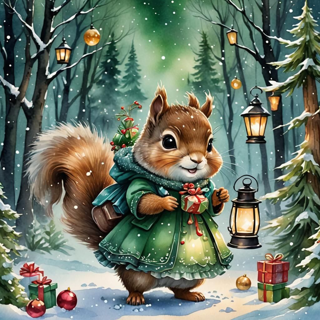 Chibi Christmas Squirrel in Snowy Forest Scene