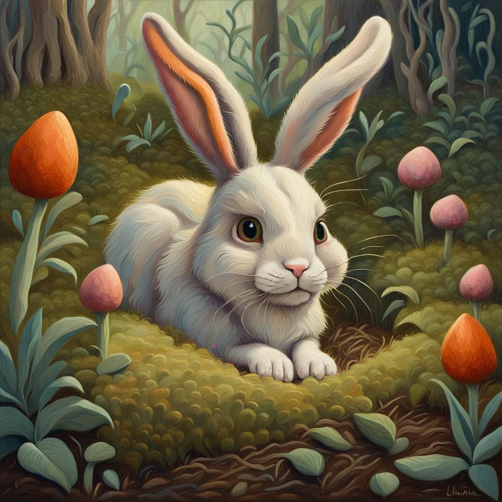 Anthropomorphic Easter Bunny Waking Up: Storybook Illustrati...