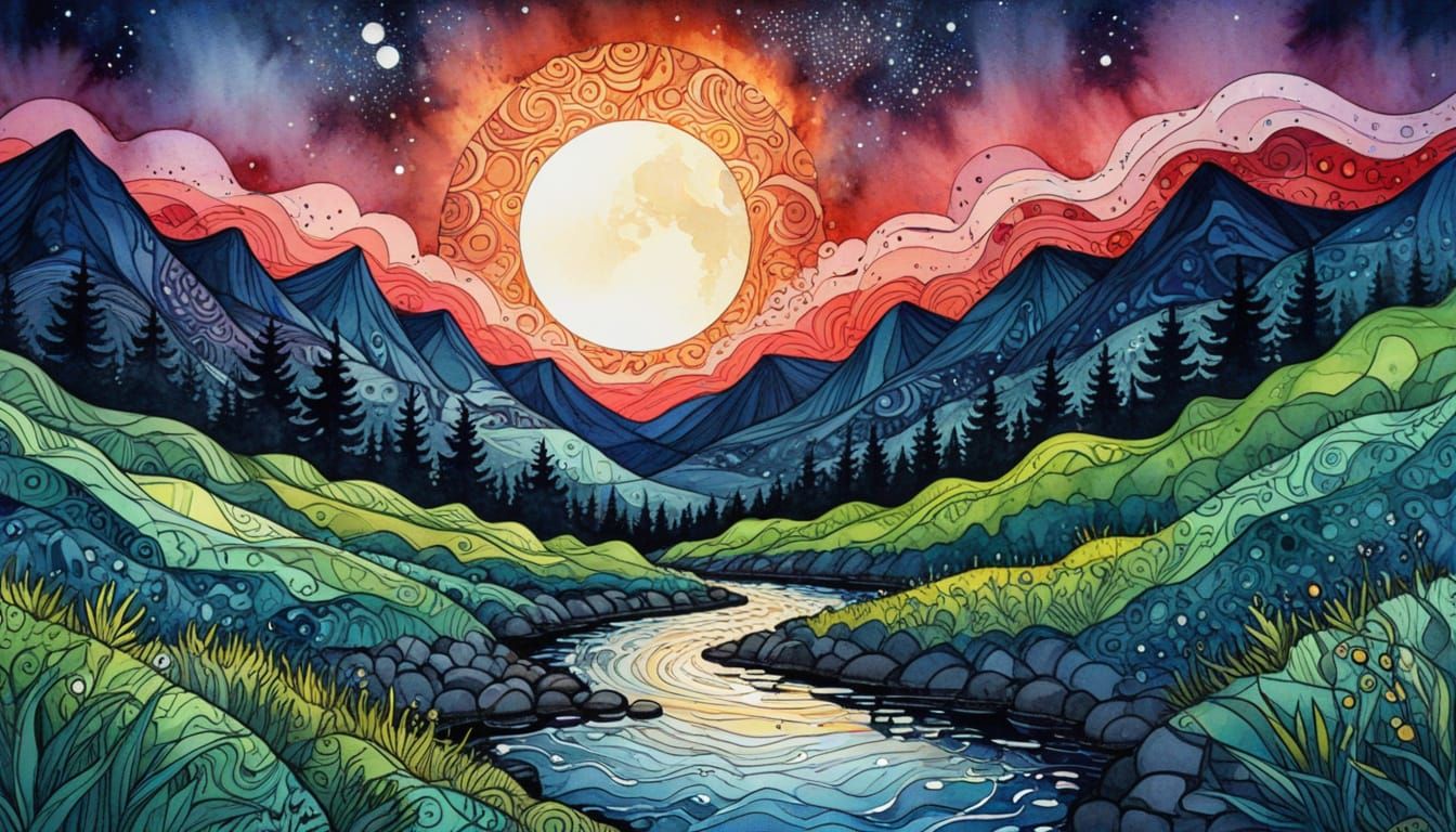 Abstract Riverbend Landscape with Zentangle Moonrise
