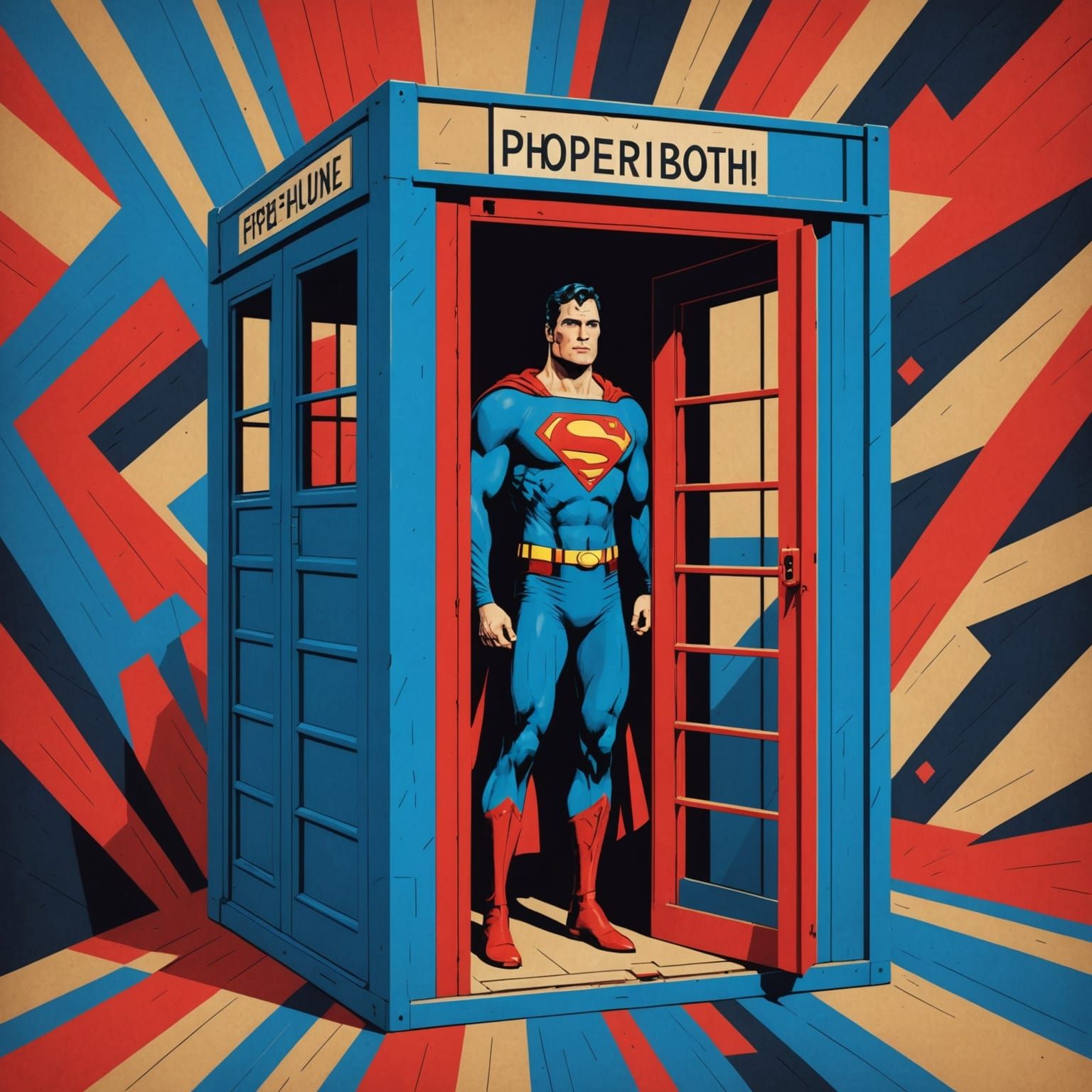 Superman in a cardboard box shaped like a phone booth