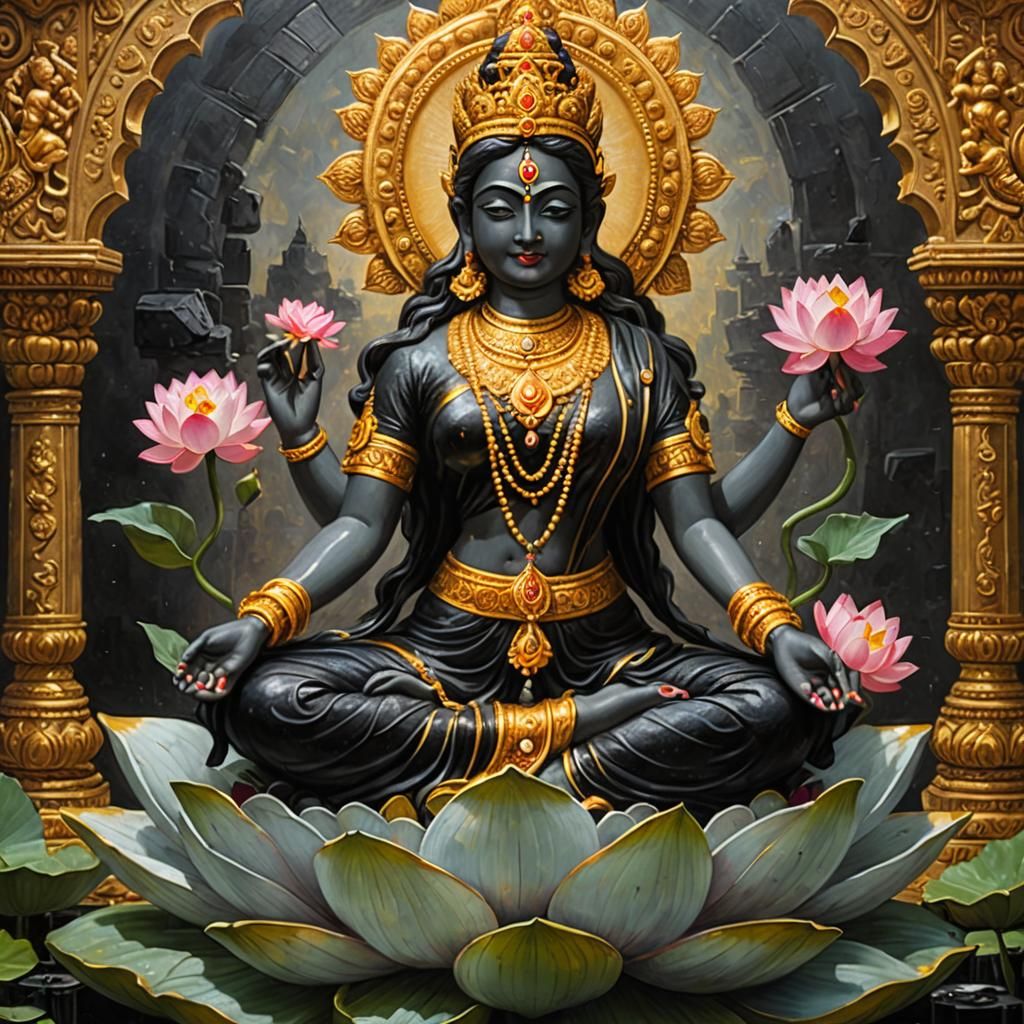 Hindu Goddess Lakshmi Statue in Black Granite