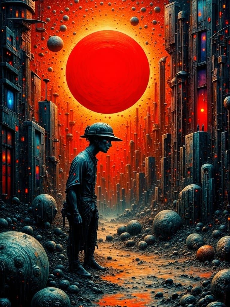 Surreal Red Sun Abstract Composition with Dreamlike Forms