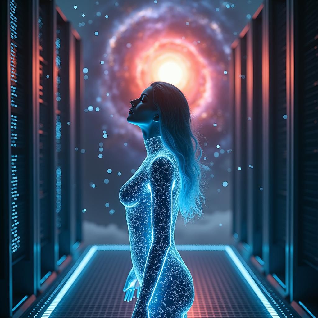Biomechanical Woman in Cosmic Sci-Fi Setting