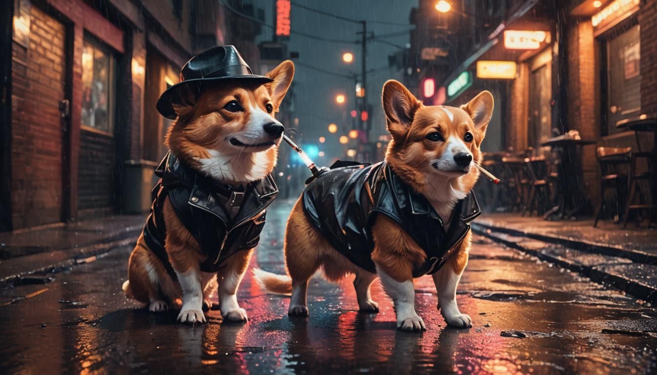 Corgi Smokes in Neon Noir Alleyway