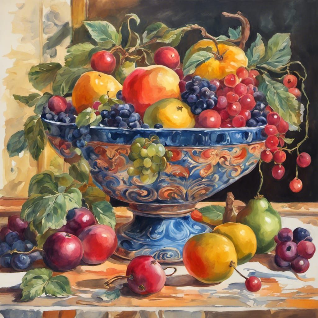 Ornate Fruit Bowl: Impressionist Gouache Watercolor Masterpi...