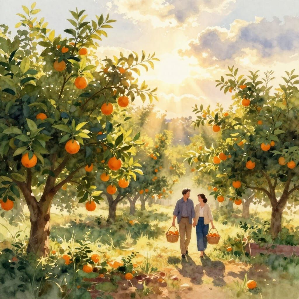 Golden Hour Orange Grove Watercolor Painting