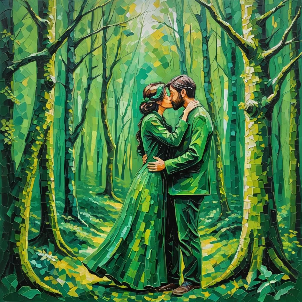 Green Couple Kiss in Forest: Expressionist Oil Painting