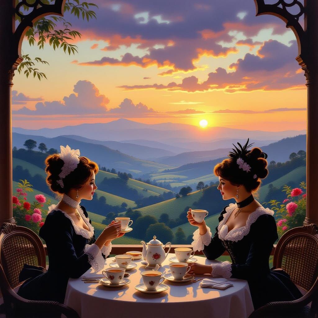 Victorian Tea Party at Sunset, Oil Painting Style