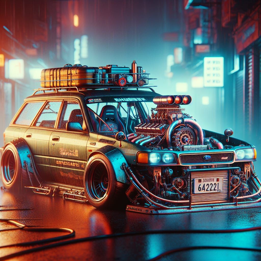 Cyberpunk Subaru Rat Rod with Twin Turbo V8