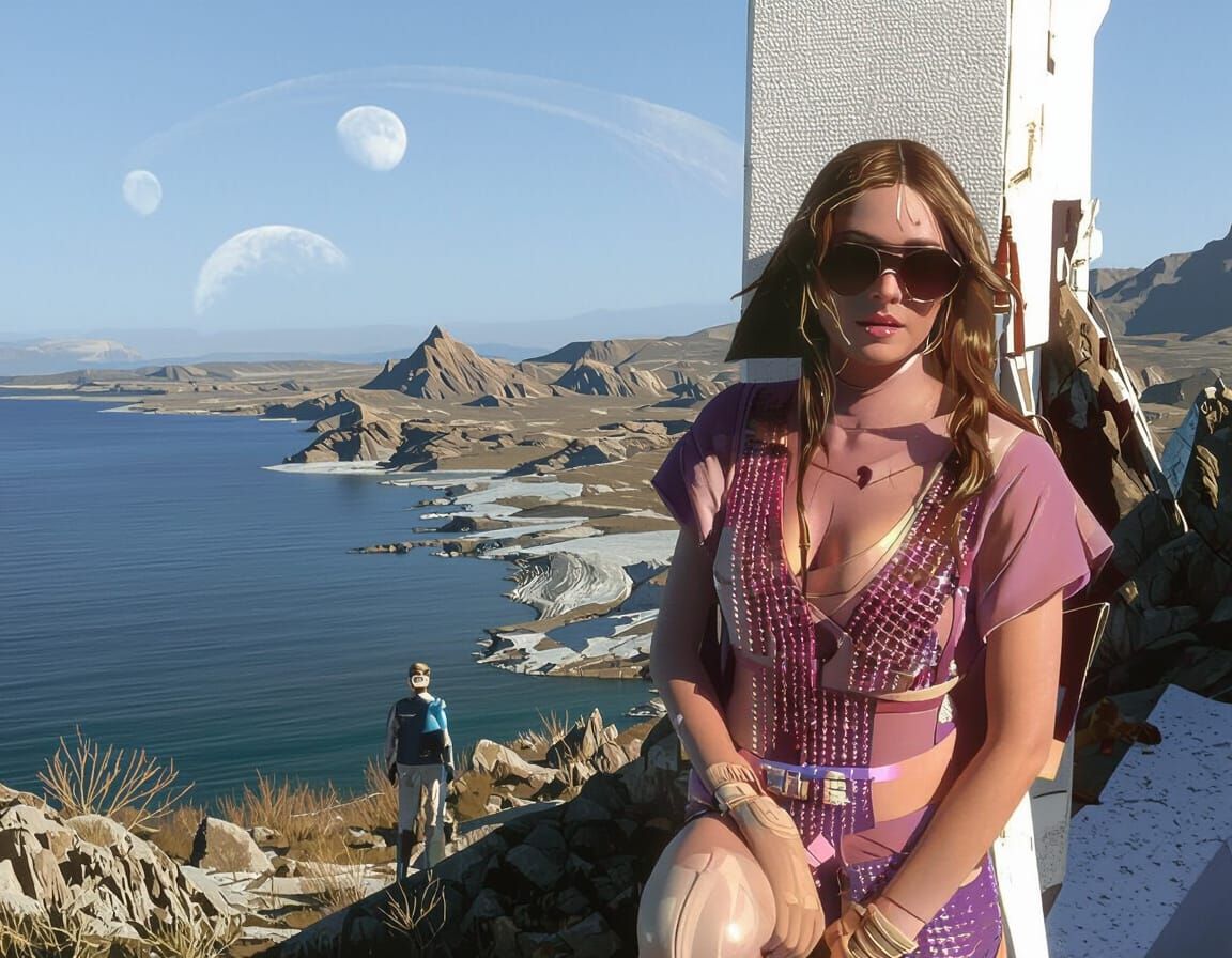 Alien Planet Landscape with Lone Figure and Nebula