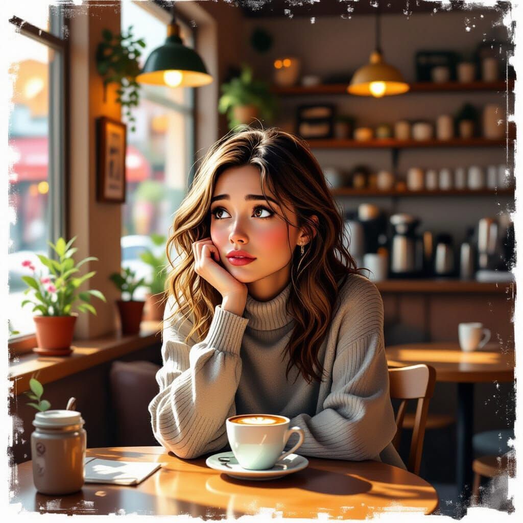 Woman Alone in Coffee Shop: Whimsical Digital Art