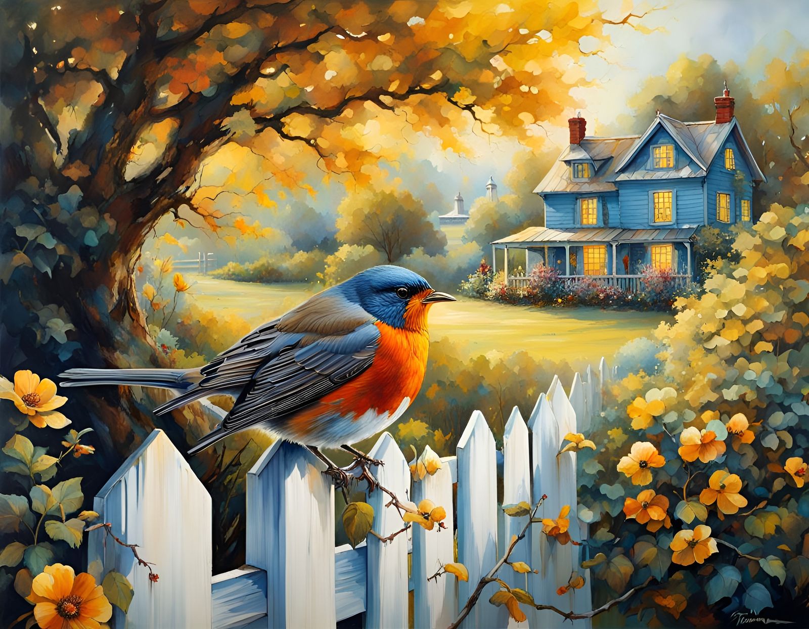 Robin on Tree Near Cottage, Hyperrealistic Ink Painting