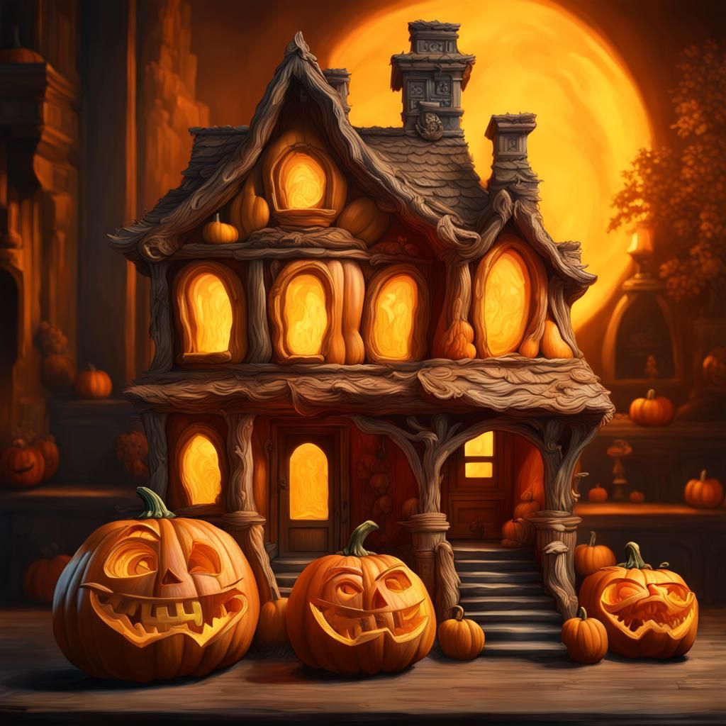 Pumpkin House with Dwarves: Hyperrealistic Splash Art