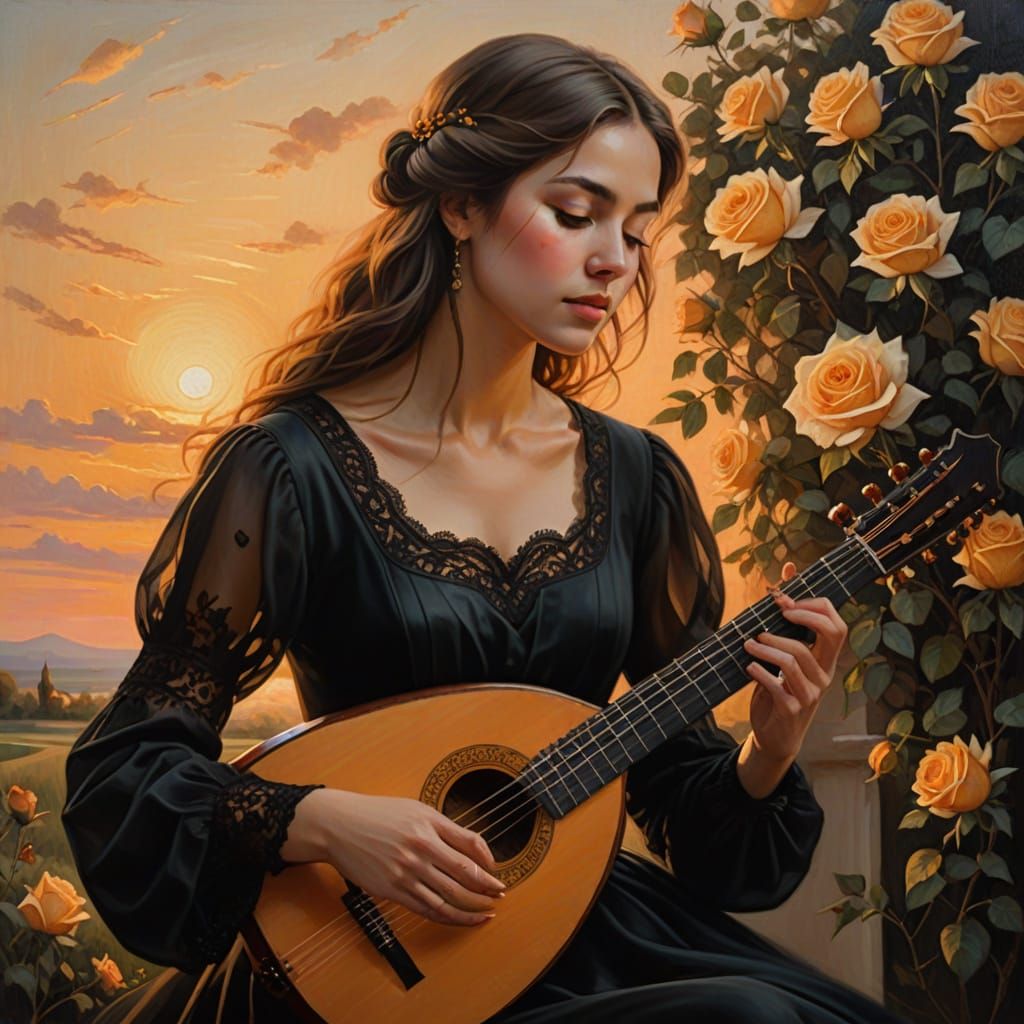 Woman with Lute in Romantic Realism Style