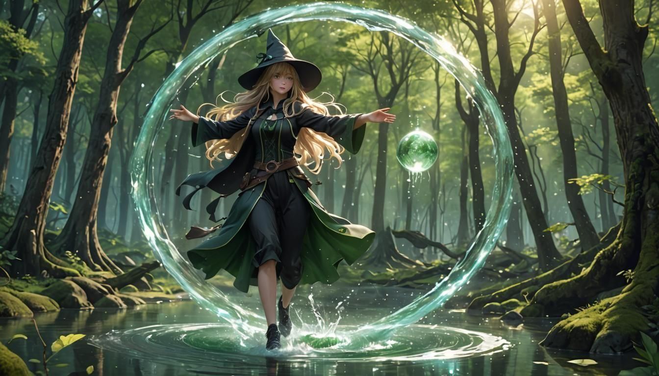Magical Witch with Water Orb, Anime-Style Art