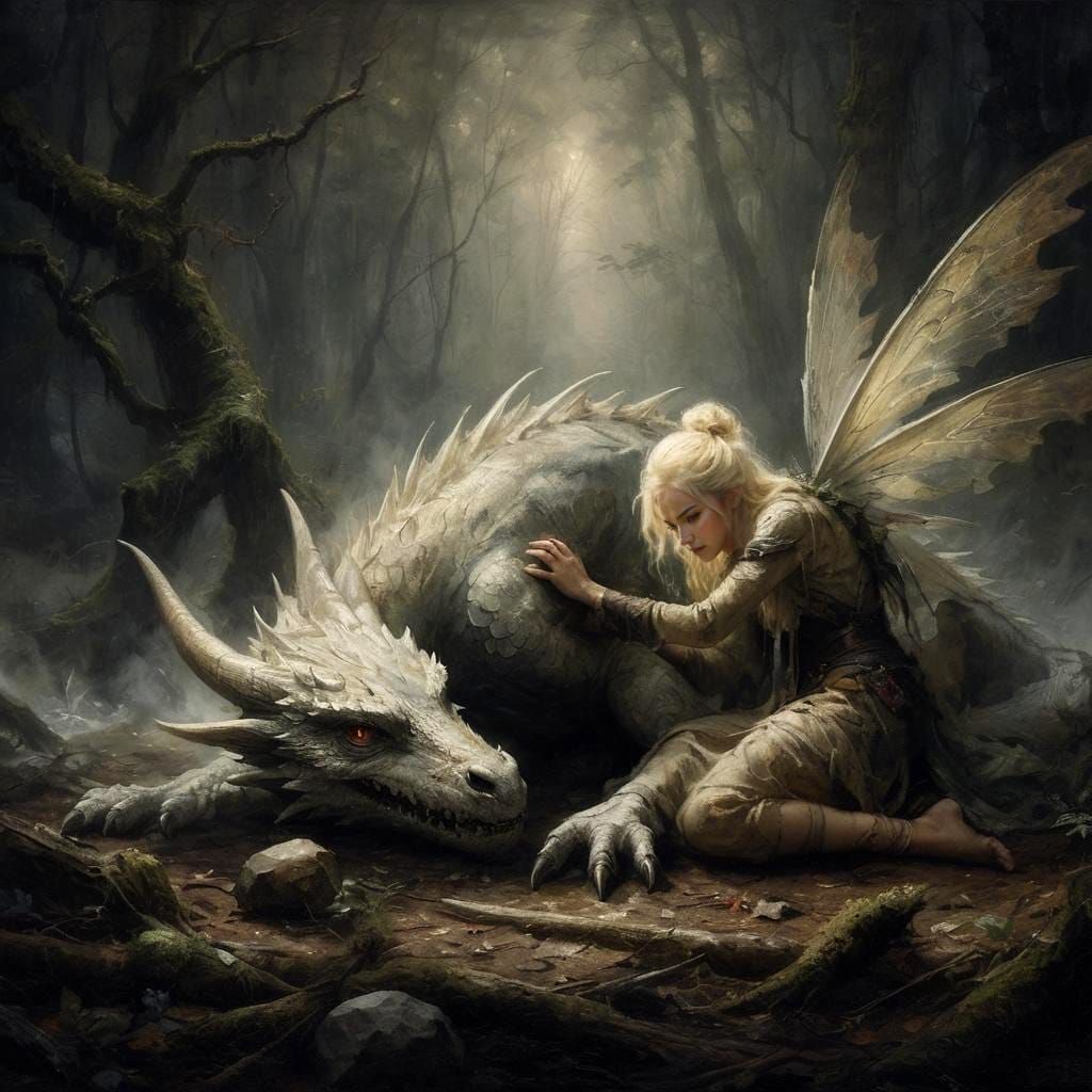 Fey Healing a Wounded White Dragon by Touch