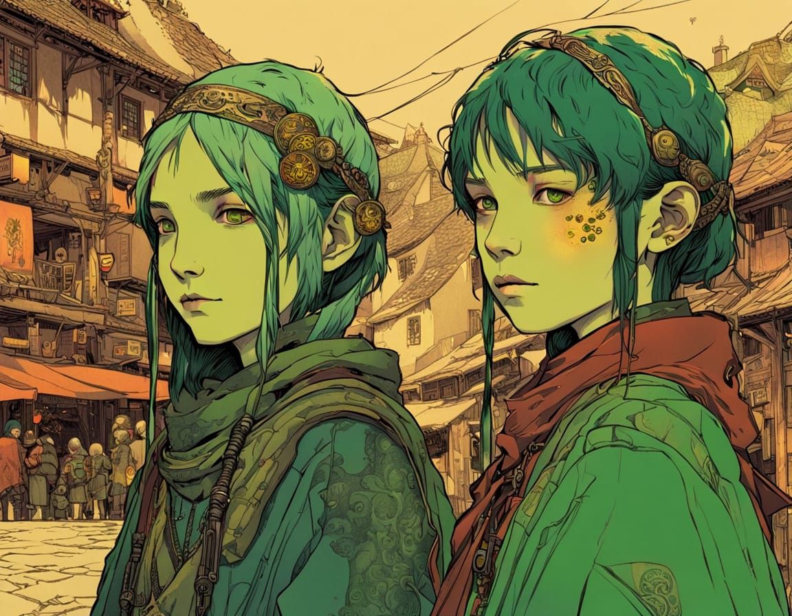 Vibrant Medieval Village Scene in Cyberpunk Fairycore Style