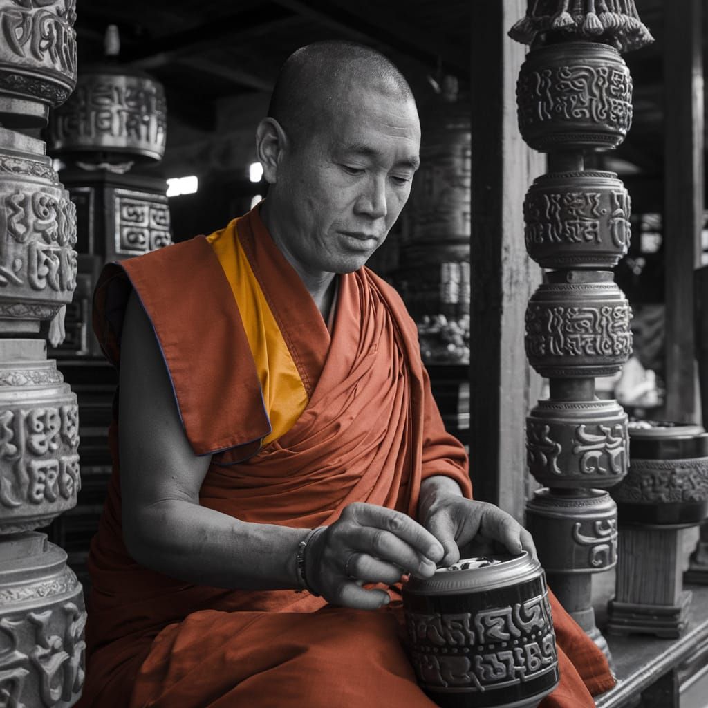 Tibetan Monk at Prayer Wheels: Black and White Photo