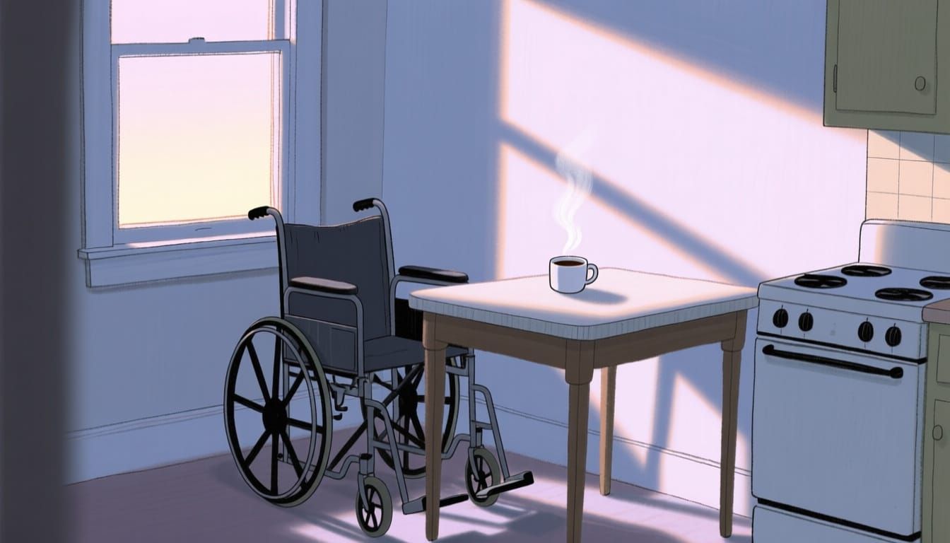 Empty Wheelchair and Coffee at Dawn, Minimalist Sketch
