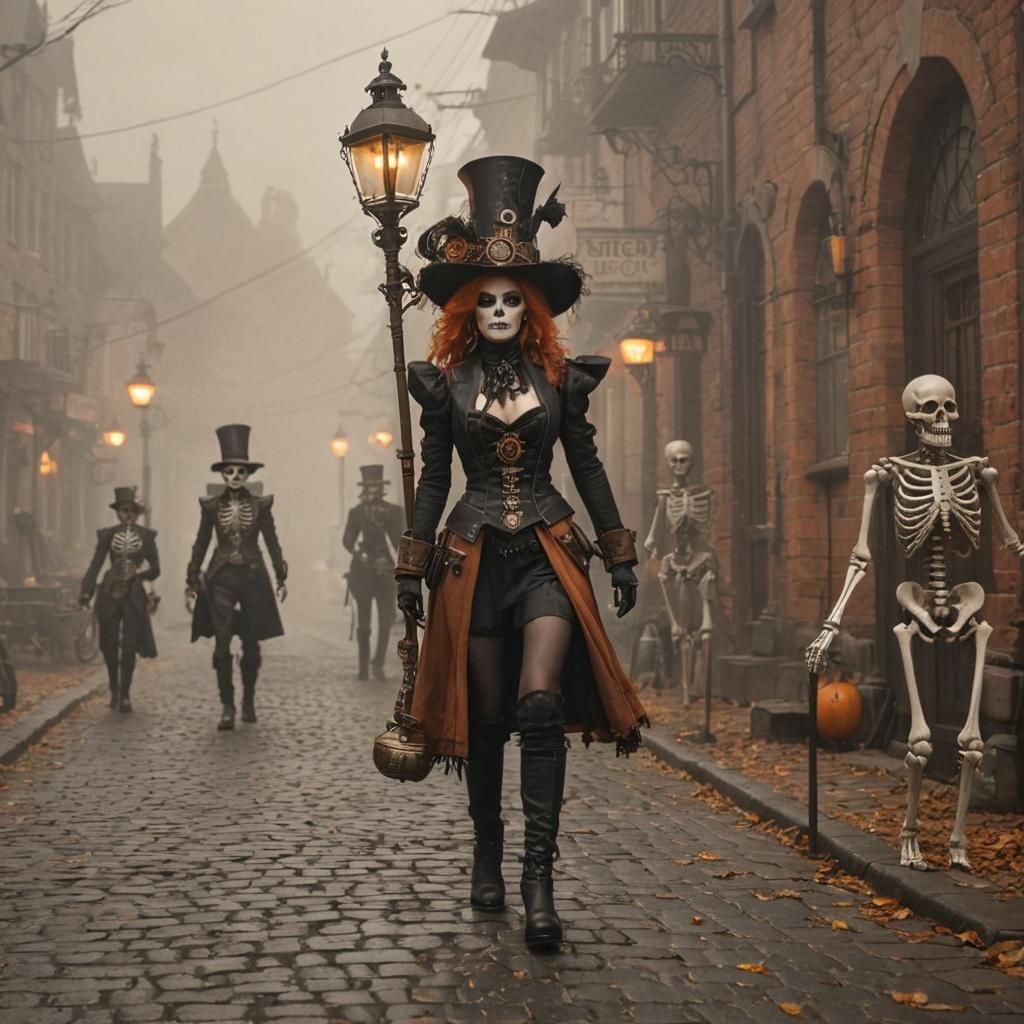Steampunk Halloween Parade with Witches and Skeletons