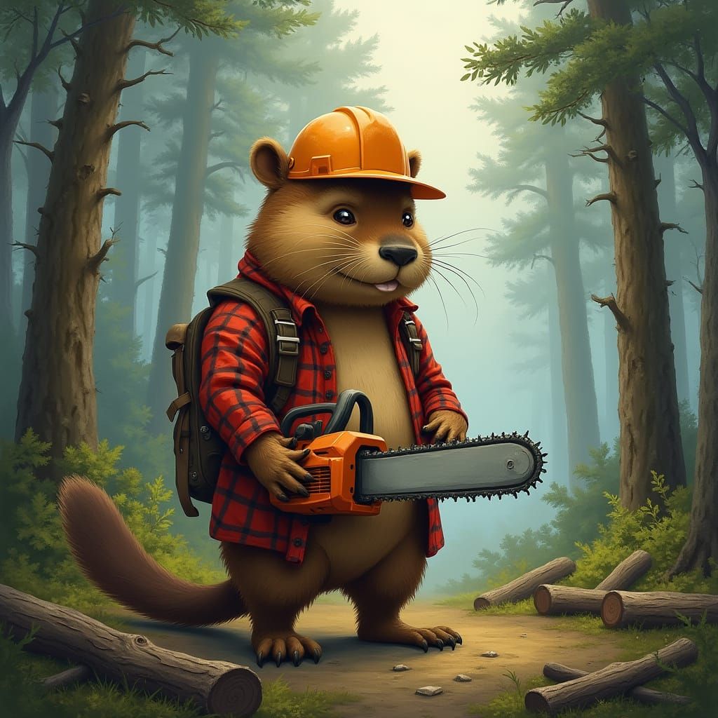 Whimsical Beaver Chainsaw Operator in a Misty Forest