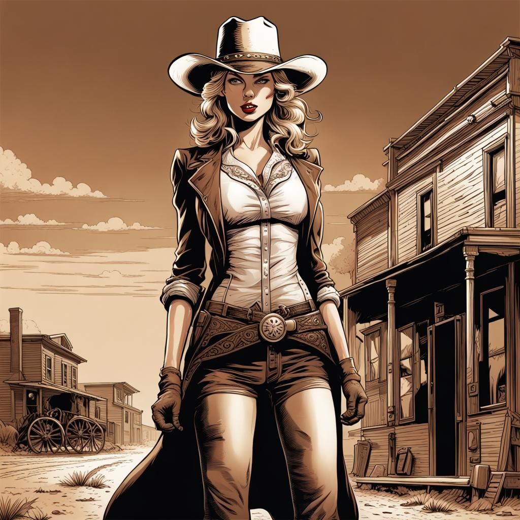 Taylor Swift as Wild West Gunslinger in Sepia