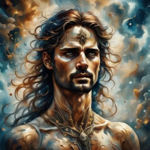 Apollo Portrait with Ethereal Radiance and Ink Details