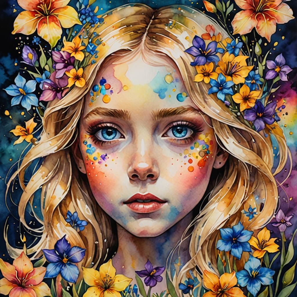 Surreal Kaleidoscope Girl in Watercolor Illustration